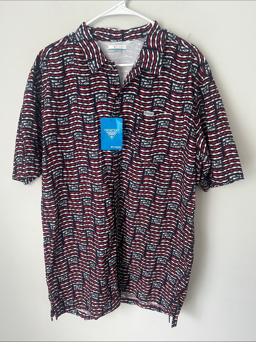 NWT Columbia PFG men’s red white blue patriotic button up shirt, sz Large Tall✔️